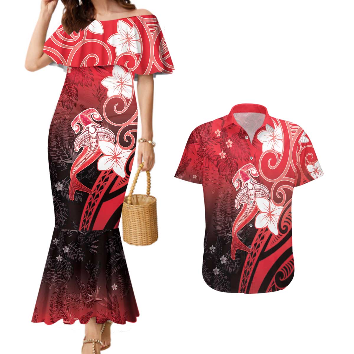Polynesia Hammerhead Shark Couples Matching Mermaid Dress and Hawaiian Shirt Red Tribal Pattern With Plumeria - Polynesian Pride