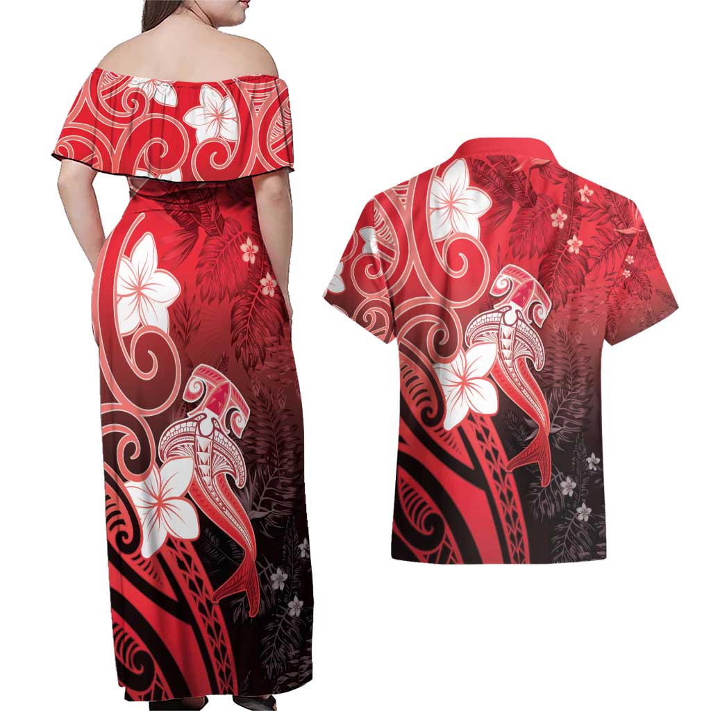 Polynesia Hammerhead Shark Couples Matching Off Shoulder Maxi Dress and Hawaiian Shirt Red Tribal Pattern With Plumeria - Polynesian Pride