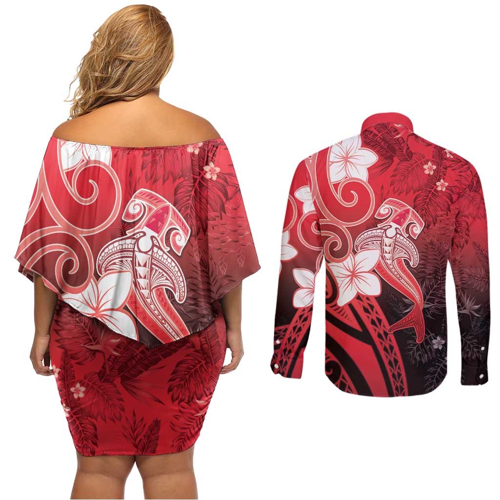 Polynesia Hammerhead Shark Couples Matching Off Shoulder Short Dress and Long Sleeve Button Shirt Red Tribal Pattern With Plumeria - Polynesian Pride