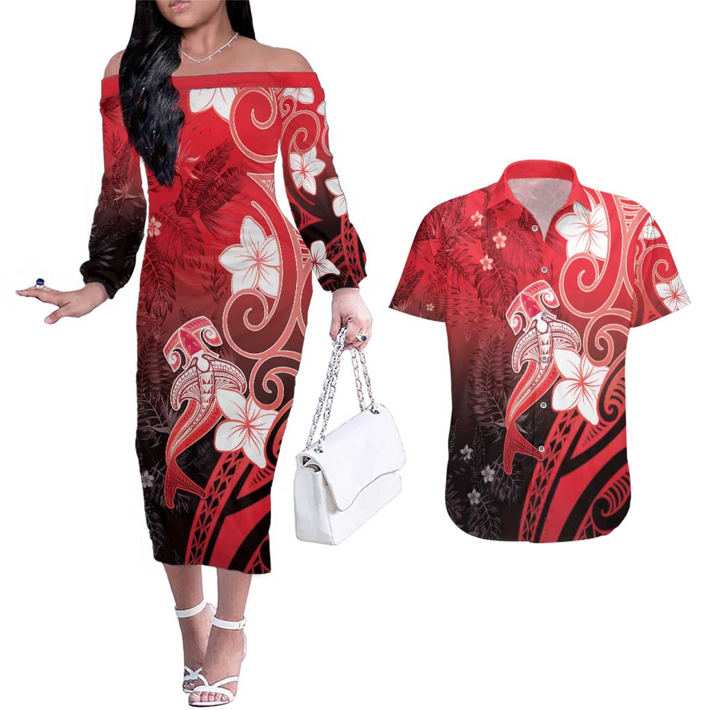 Polynesia Hammerhead Shark Couples Matching Off The Shoulder Long Sleeve Dress and Hawaiian Shirt Red Tribal Pattern With Plumeria LT05 Red - Polynesian Pride