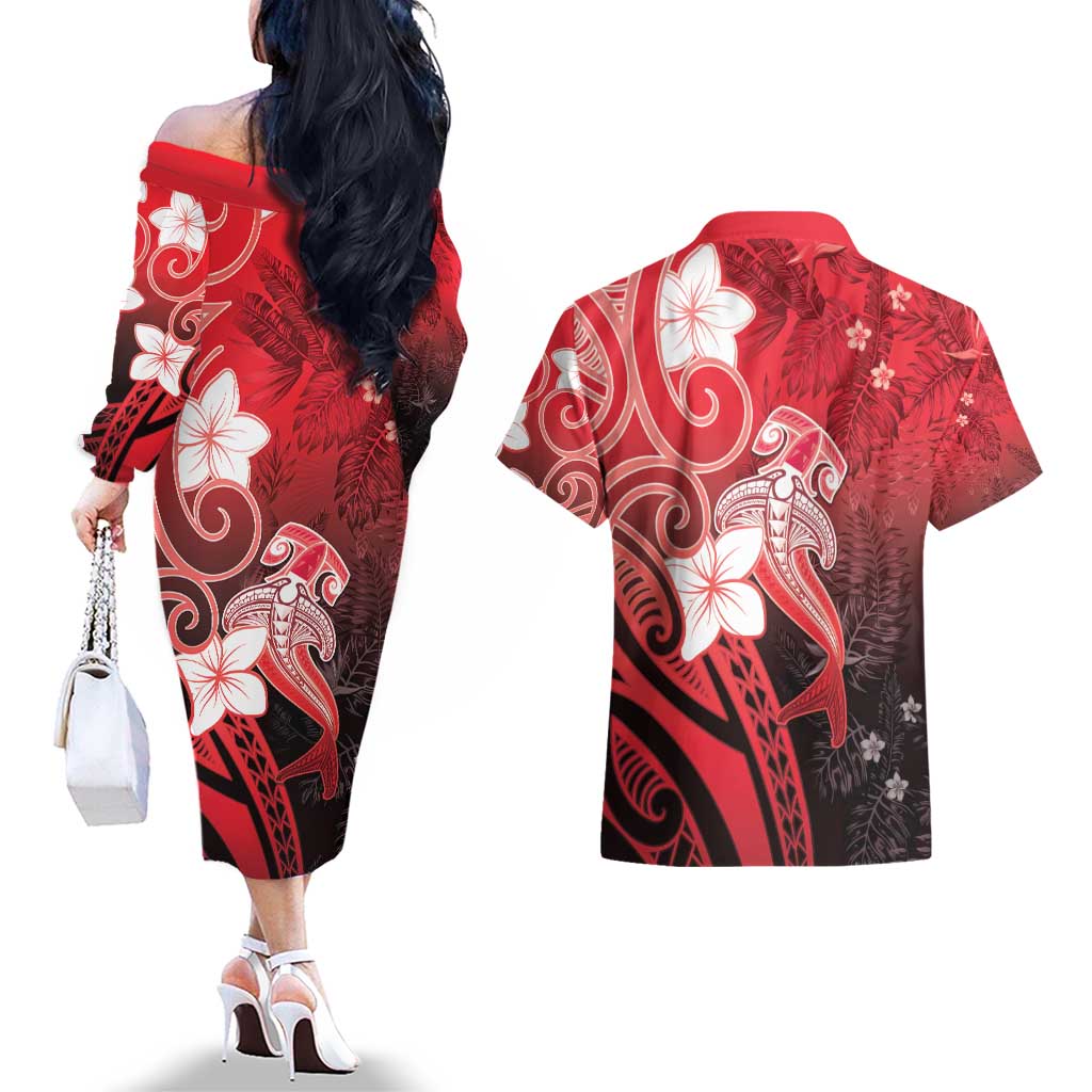 Polynesia Hammerhead Shark Couples Matching Off The Shoulder Long Sleeve Dress and Hawaiian Shirt Red Tribal Pattern With Plumeria LT05 - Polynesian Pride