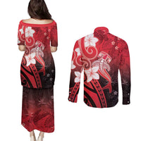Polynesia Hammerhead Shark Couples Matching Puletasi and Long Sleeve Button Shirt Red Tribal Pattern With Plumeria - Polynesian Pride