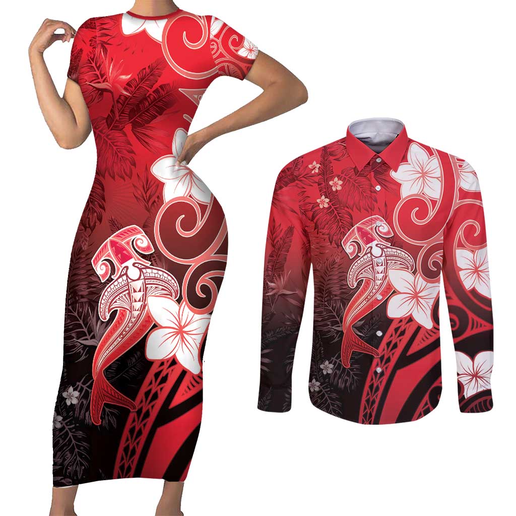 Polynesia Hammerhead Shark Couples Matching Short Sleeve Bodycon Dress and Long Sleeve Button Shirt Red Tribal Pattern With Plumeria - Polynesian Pride