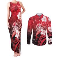 Polynesia Hammerhead Shark Couples Matching Tank Maxi Dress and Long Sleeve Button Shirt Red Tribal Pattern With Plumeria LT05 Red - Polynesian Pride