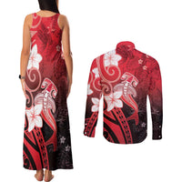 Polynesia Hammerhead Shark Couples Matching Tank Maxi Dress and Long Sleeve Button Shirt Red Tribal Pattern With Plumeria LT05 - Polynesian Pride