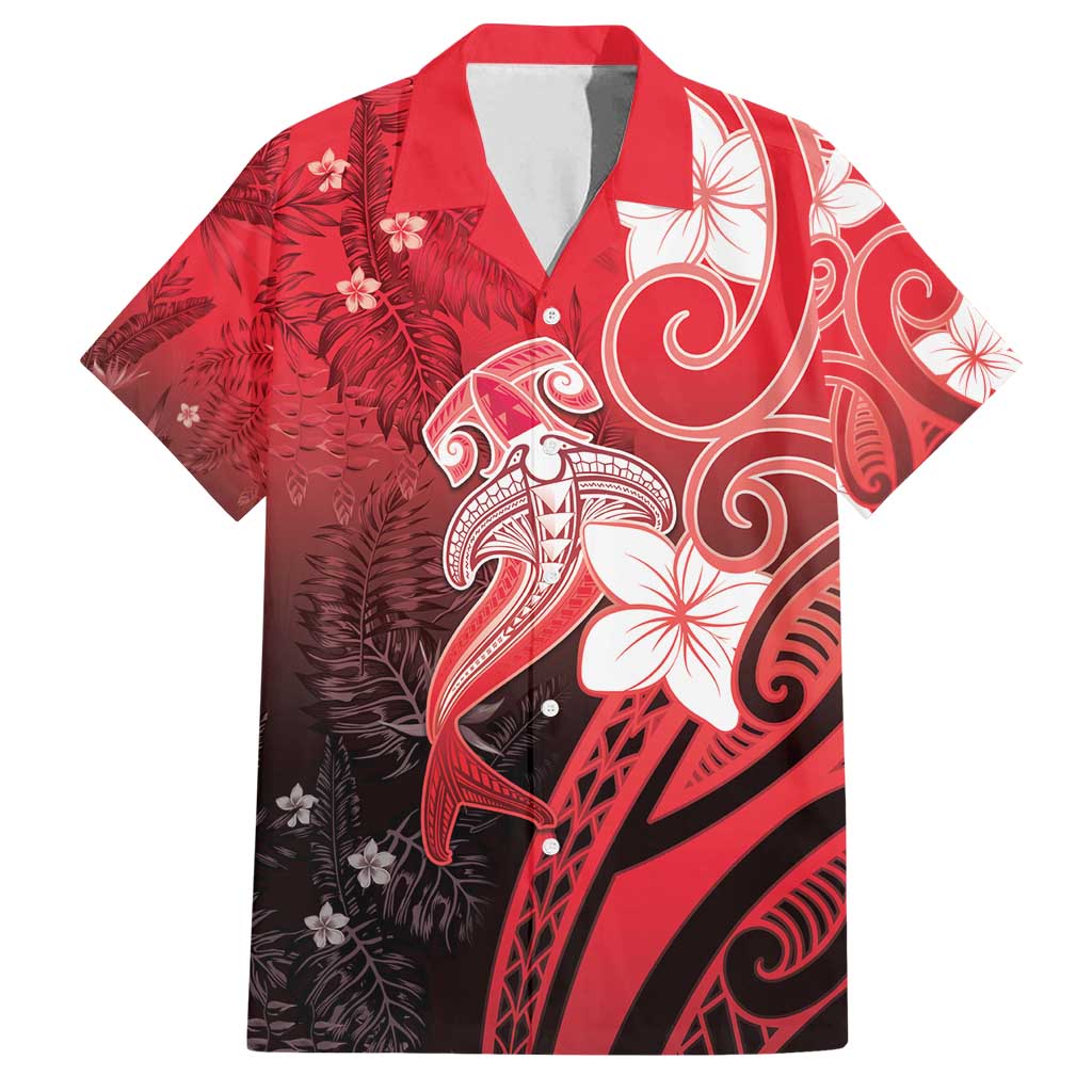 Polynesia Hammerhead Shark Family Matching Long Sleeve Bodycon Dress and Hawaiian Shirt Red Tribal Pattern With Plumeria LT05 Dad's Shirt - Short Sleeve Red - Polynesian Pride
