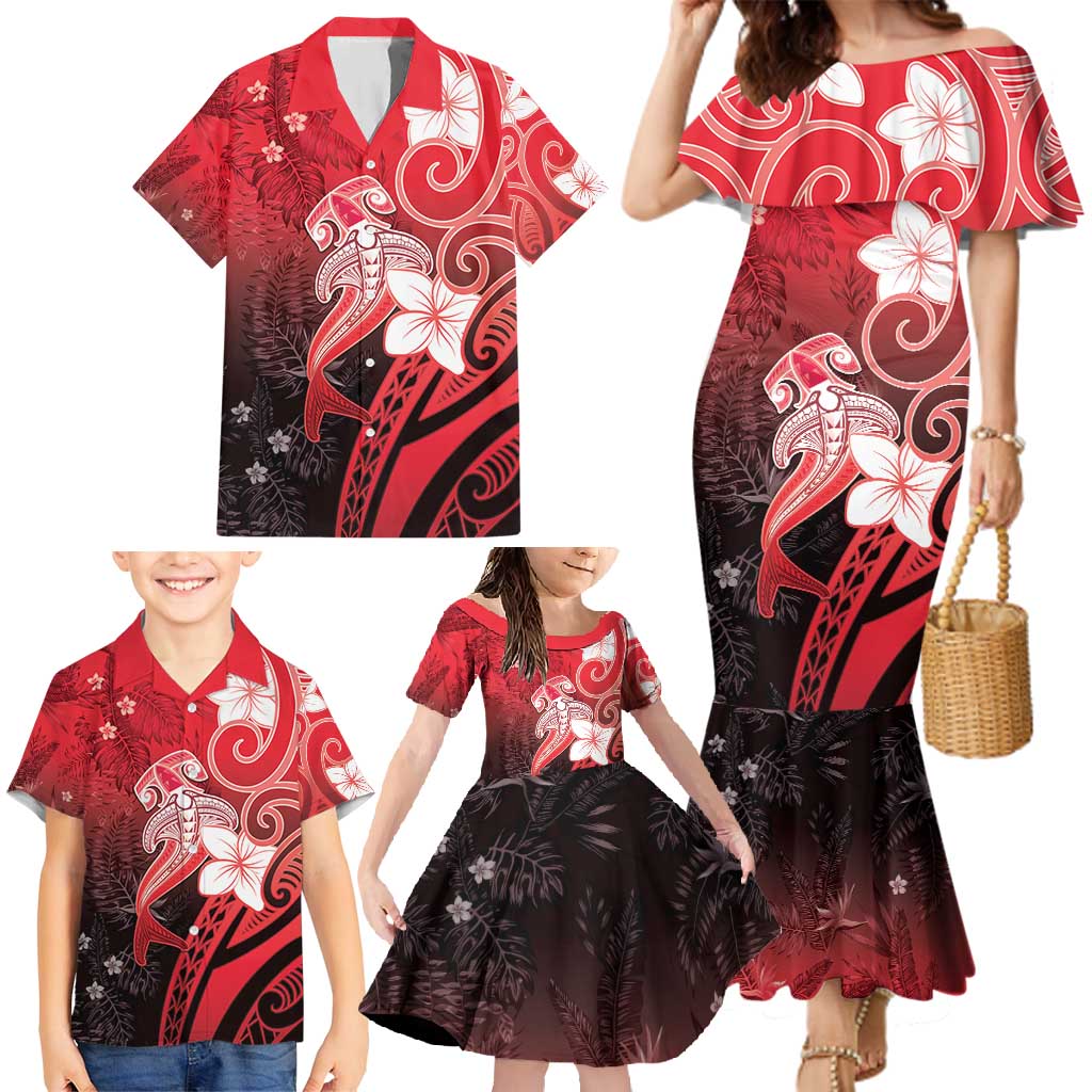Polynesia Hammerhead Shark Family Matching Mermaid Dress and Hawaiian Shirt Red Tribal Pattern With Plumeria LT05 - Polynesian Pride