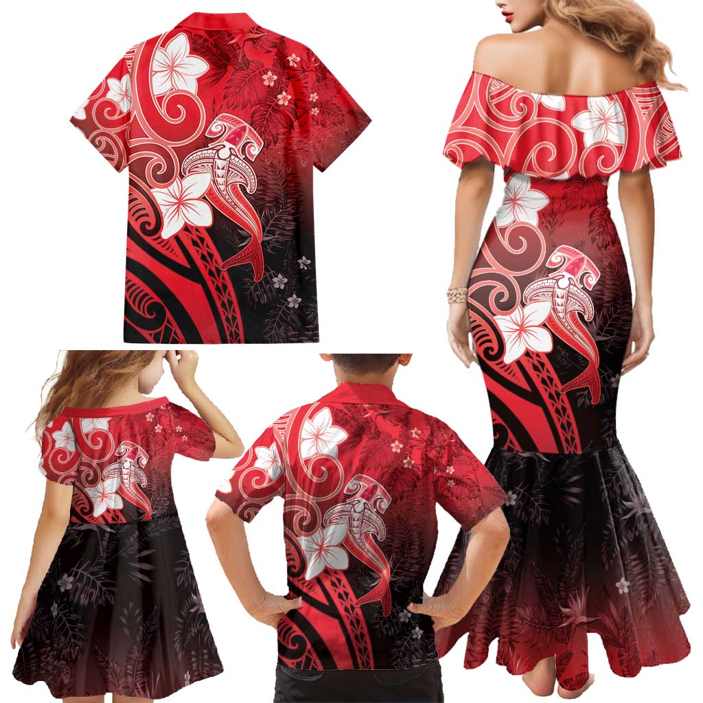 Polynesia Hammerhead Shark Family Matching Mermaid Dress and Hawaiian Shirt Red Tribal Pattern With Plumeria LT05 - Polynesian Pride