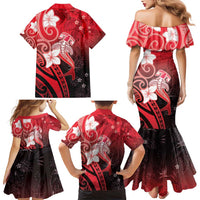 Polynesia Hammerhead Shark Family Matching Mermaid Dress and Hawaiian Shirt Red Tribal Pattern With Plumeria LT05 - Polynesian Pride