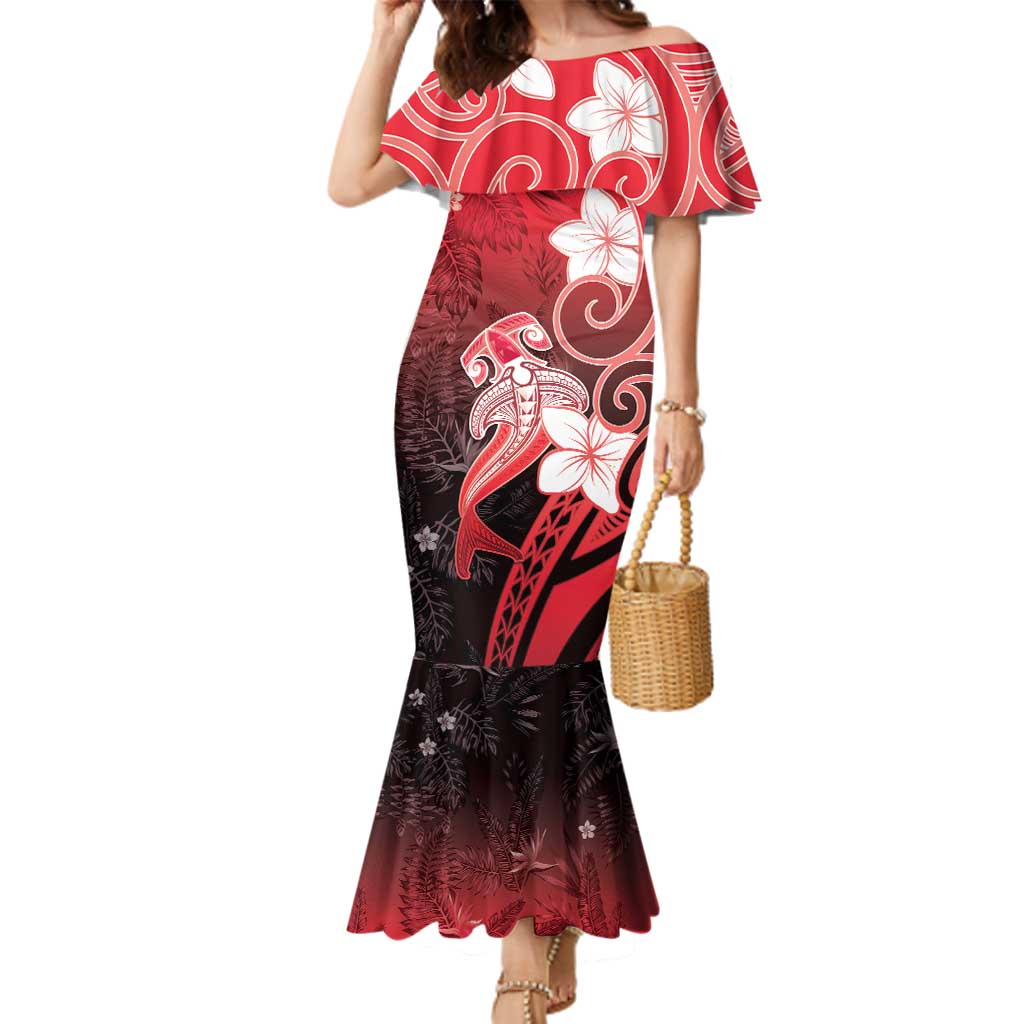Polynesia Hammerhead Shark Family Matching Mermaid Dress and Hawaiian Shirt Red Tribal Pattern With Plumeria LT05 Mom's Dress Red - Polynesian Pride