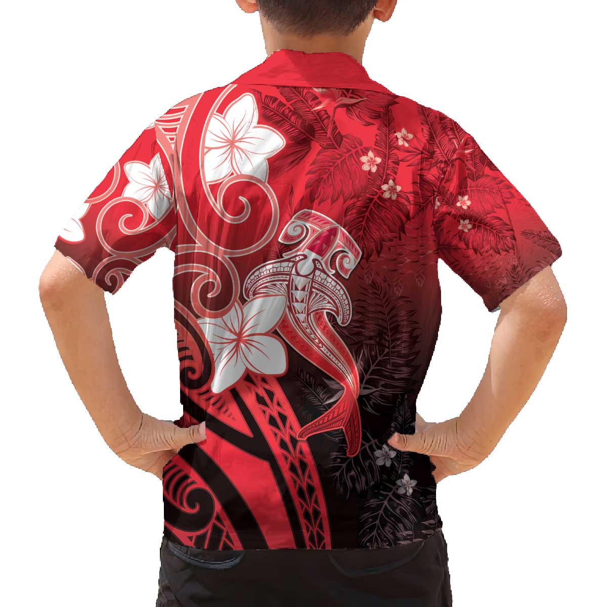 Polynesia Hammerhead Shark Family Matching Off The Shoulder Long Sleeve Dress and Hawaiian Shirt Red Tribal Pattern With Plumeria LT05 - Polynesian Pride