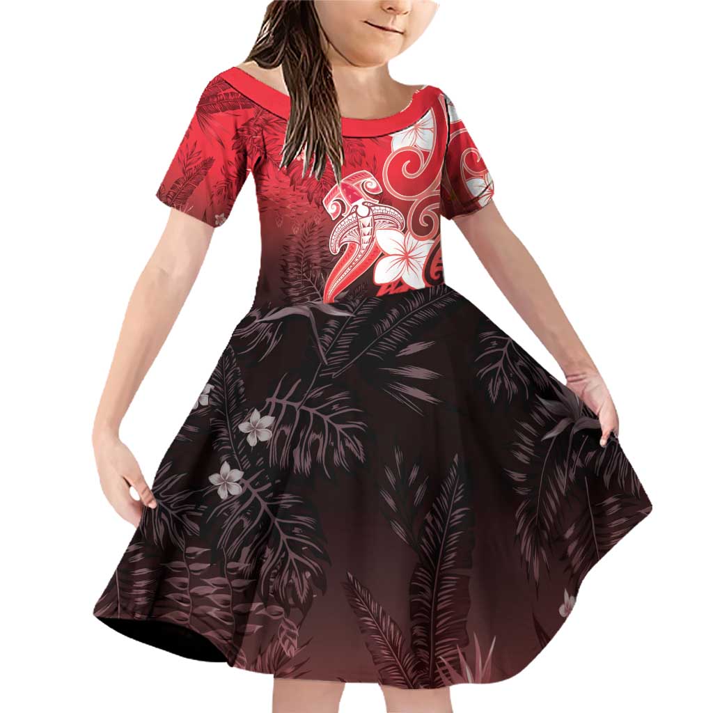Polynesia Hammerhead Shark Family Matching Off Shoulder Short Dress and Hawaiian Shirt Red Tribal Pattern With Plumeria LT05 Daughter's Dress Red - Polynesian Pride