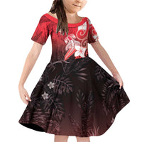 Polynesia Hammerhead Shark Family Matching Off Shoulder Short Dress and Hawaiian Shirt Red Tribal Pattern With Plumeria LT05 Daughter's Dress Red - Polynesian Pride