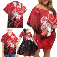Polynesia Hammerhead Shark Family Matching Off Shoulder Short Dress and Hawaiian Shirt Red Tribal Pattern With Plumeria LT05 - Polynesian Pride