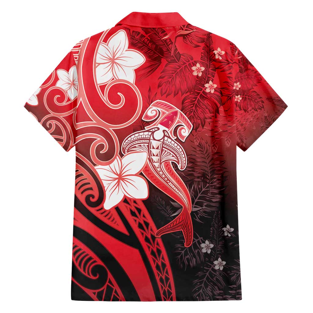 Polynesia Hammerhead Shark Family Matching Off Shoulder Short Dress and Hawaiian Shirt Red Tribal Pattern With Plumeria LT05 - Polynesian Pride