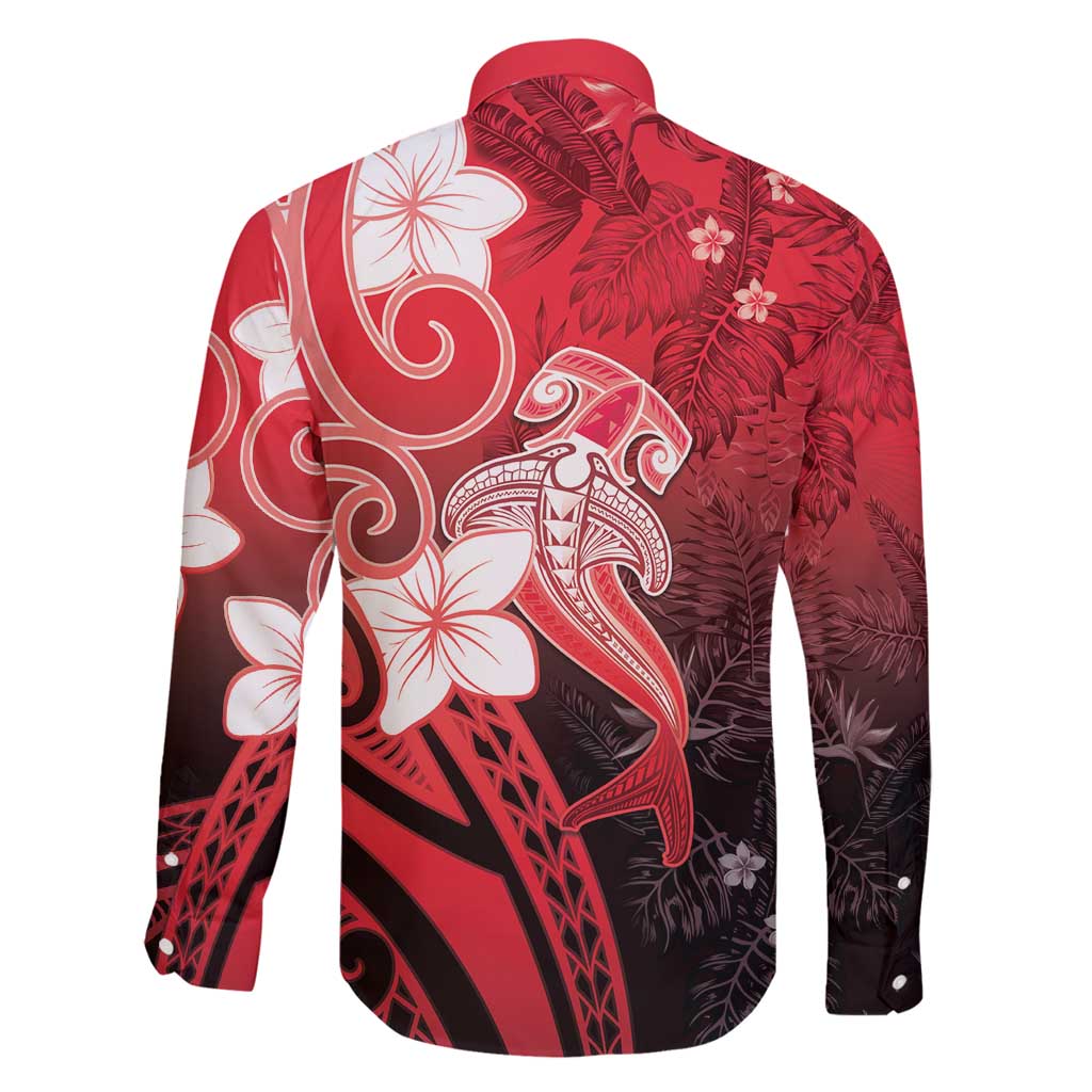 Polynesia Hammerhead Shark Family Matching Off Shoulder Short Dress and Hawaiian Shirt Red Tribal Pattern With Plumeria LT05 - Polynesian Pride