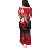 Polynesia Hammerhead Shark Family Matching Puletasi and Hawaiian Shirt Red Tribal Pattern With Plumeria - Polynesian Pride