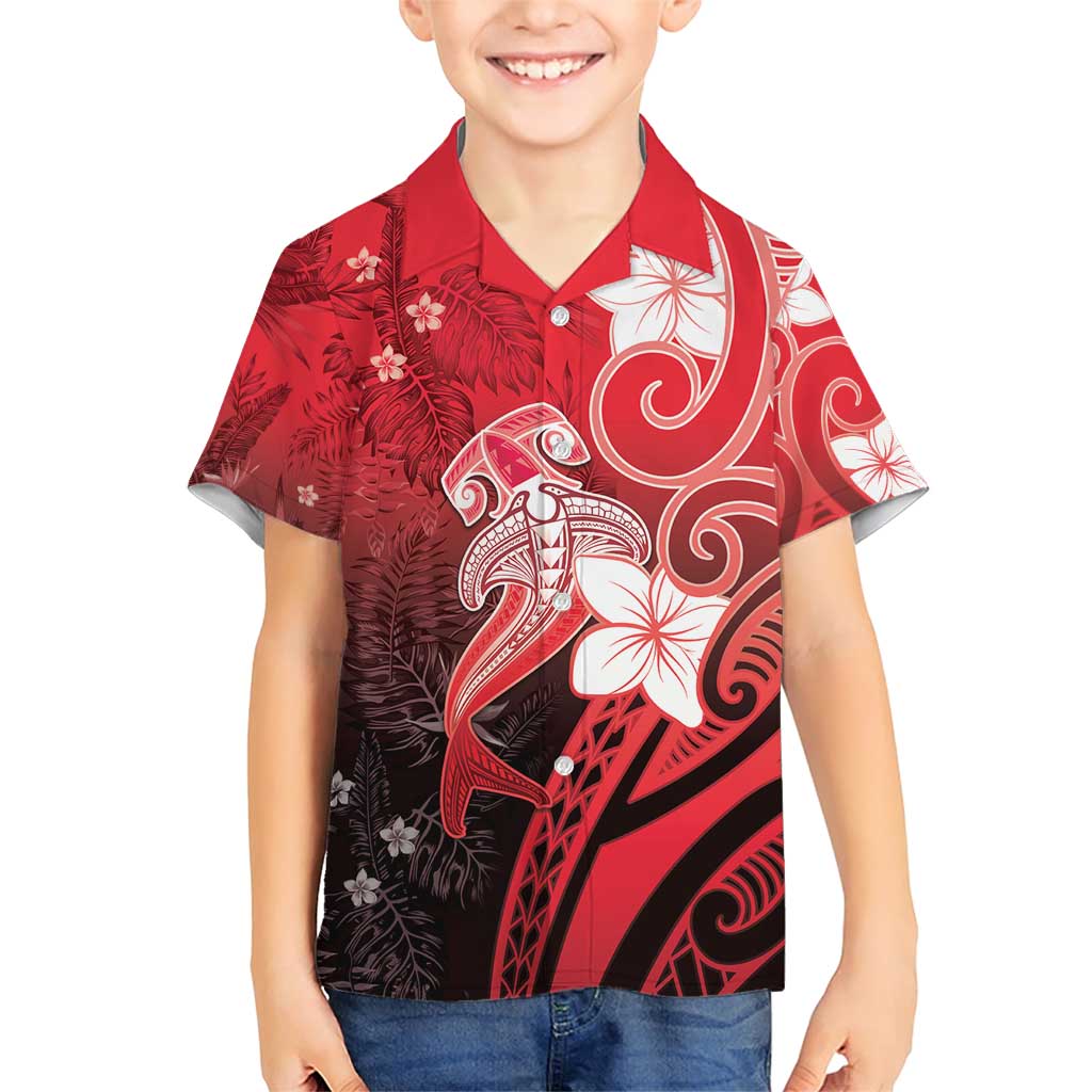 Polynesia Hammerhead Shark Family Matching Short Sleeve Bodycon Dress and Hawaiian Shirt Red Tribal Pattern With Plumeria LT05 Son's Shirt Red - Polynesian Pride