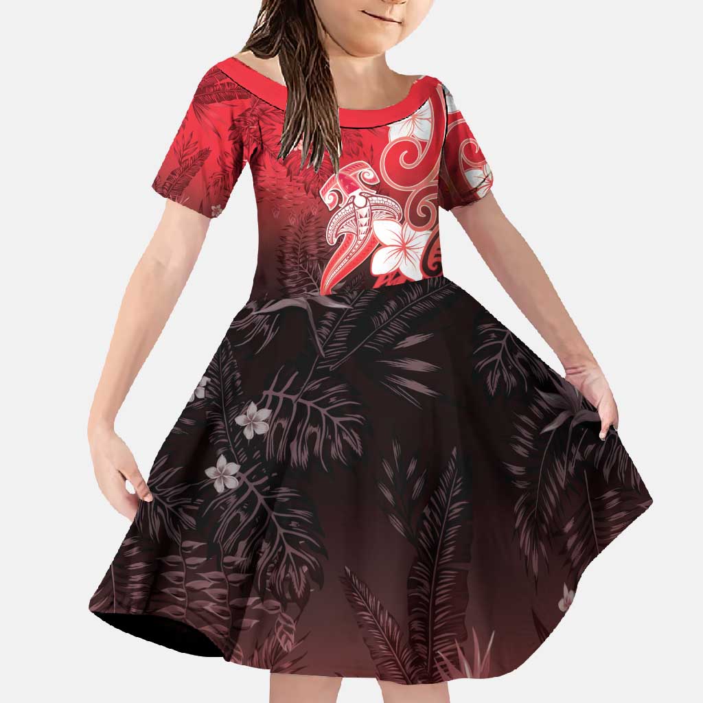 Polynesia Hammerhead Shark Family Matching Summer Maxi Dress and Hawaiian Shirt Red Tribal Pattern With Plumeria LT05 Daughter's Dress Red - Polynesian Pride