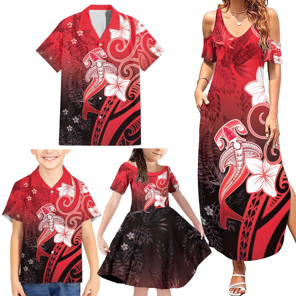 Polynesia Hammerhead Shark Family Matching Summer Maxi Dress and Hawaiian Shirt Red Tribal Pattern With Plumeria LT05 - Polynesian Pride
