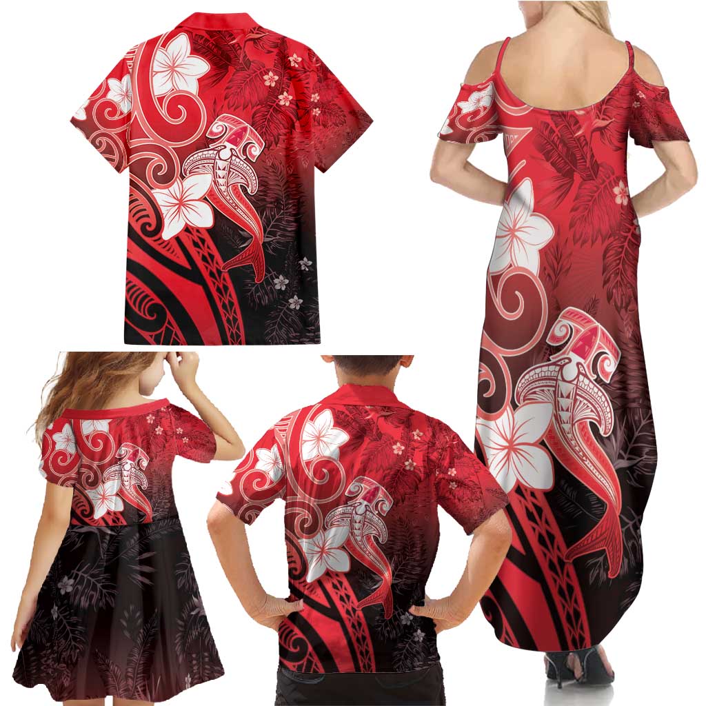 Polynesia Hammerhead Shark Family Matching Summer Maxi Dress and Hawaiian Shirt Red Tribal Pattern With Plumeria LT05 - Polynesian Pride