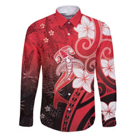 Polynesia Hammerhead Shark Family Matching Summer Maxi Dress and Hawaiian Shirt Red Tribal Pattern With Plumeria LT05 Dad's Shirt - Long Sleeve Red - Polynesian Pride