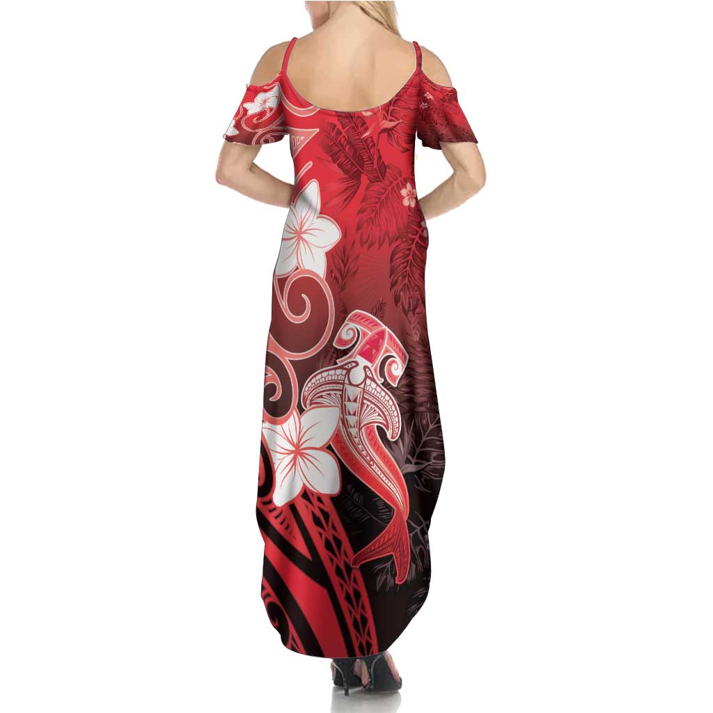 Polynesia Hammerhead Shark Family Matching Summer Maxi Dress and Hawaiian Shirt Red Tribal Pattern With Plumeria LT05 - Polynesian Pride