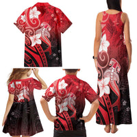 Polynesia Hammerhead Shark Family Matching Tank Maxi Dress and Hawaiian Shirt Red Tribal Pattern With Plumeria LT05 - Polynesian Pride