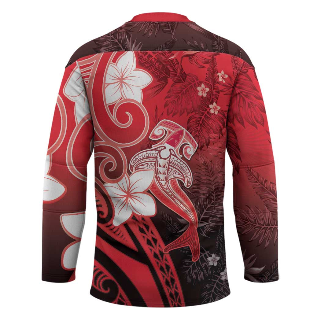 Polynesia Hammerhead Shark Hockey Jersey Red Tribal Pattern With Plumeria - Polynesian Pride