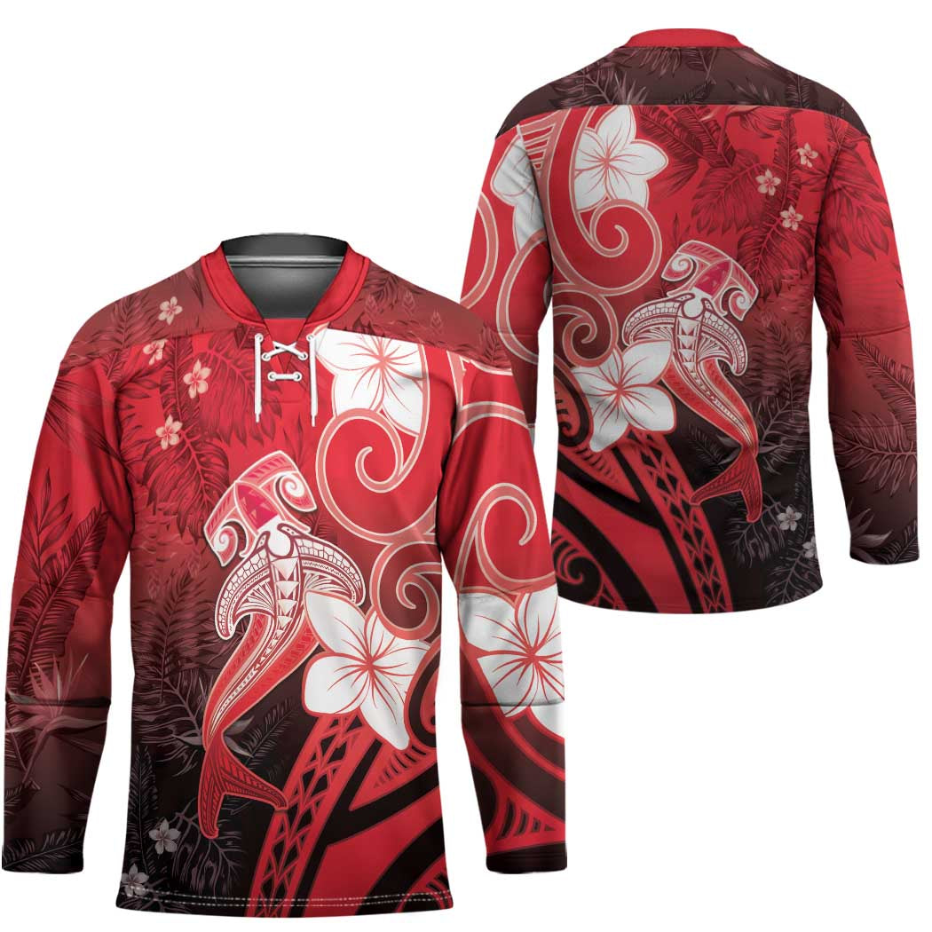 Polynesia Hammerhead Shark Hockey Jersey Red Tribal Pattern With Plumeria - Polynesian Pride