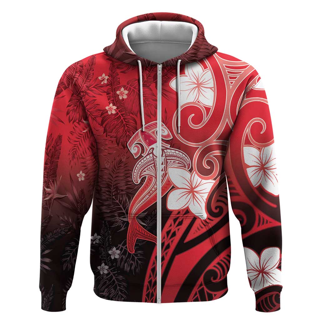 Polynesia Hammerhead Shark Hoodie Red Tribal Pattern With Plumeria - Polynesian Pride