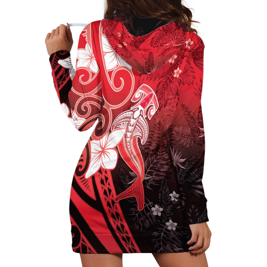 Polynesia Hammerhead Shark Hoodie Dress Red Tribal Pattern With Plumeria - Polynesian Pride