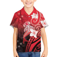 Polynesia Hammerhead Shark Kid Hawaiian Shirt Red Tribal Pattern With Plumeria LT05 Kid Red - Polynesian Pride