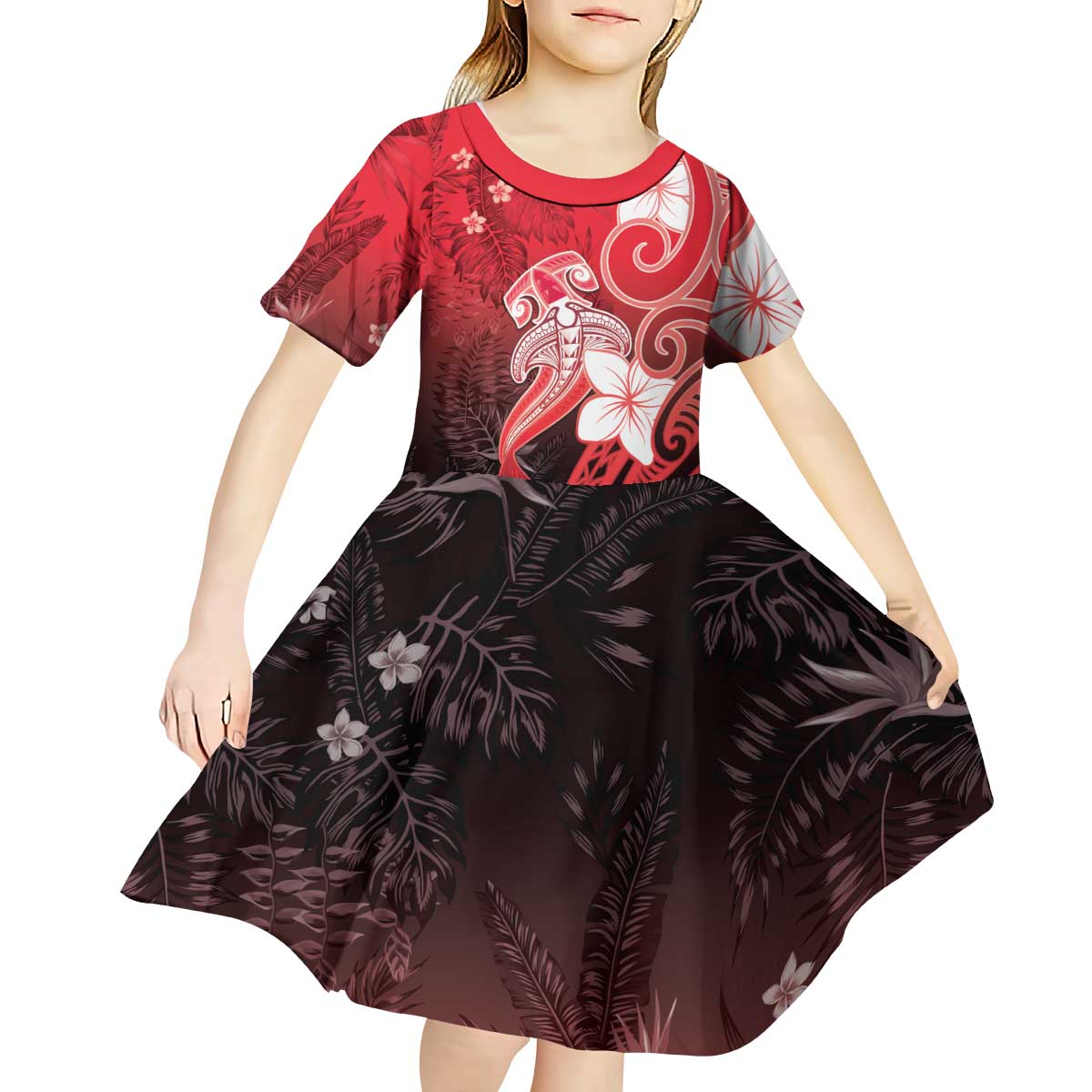 Polynesia Hammerhead Shark Kid Short Sleeve Dress Red Tribal Pattern With Plumeria - Polynesian Pride