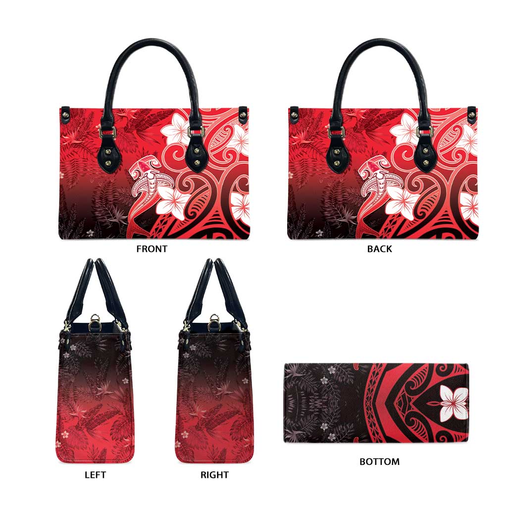 Polynesia Hammerhead Shark Leather Bag Red Tribal Pattern With Plumeria - Polynesian Pride