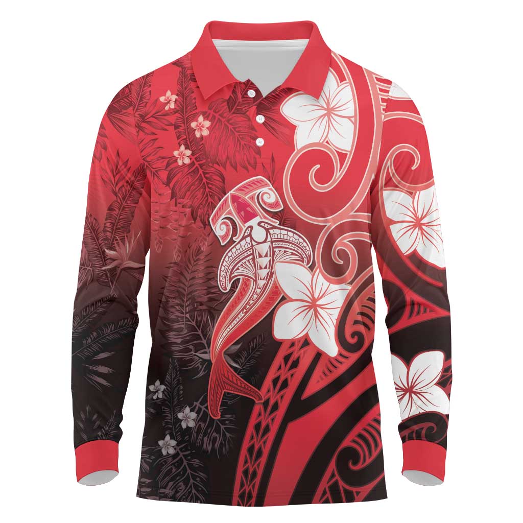 Polynesia Hammerhead Shark Long Sleeve Polo Shirt Red Tribal Pattern With Plumeria - Polynesian Pride