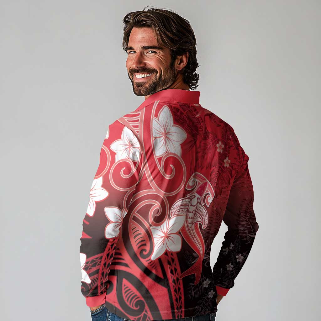 Polynesia Hammerhead Shark Long Sleeve Polo Shirt Red Tribal Pattern With Plumeria - Polynesian Pride