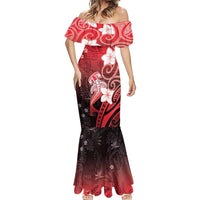 Polynesia Hammerhead Shark Mermaid Dress Red Tribal Pattern With Plumeria - Polynesian Pride