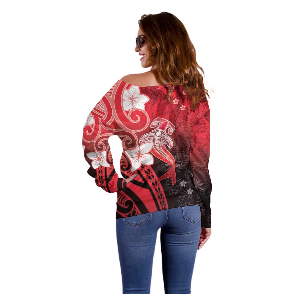 Polynesia Hammerhead Shark Off Shoulder Sweater Red Tribal Pattern With Plumeria - Polynesian Pride