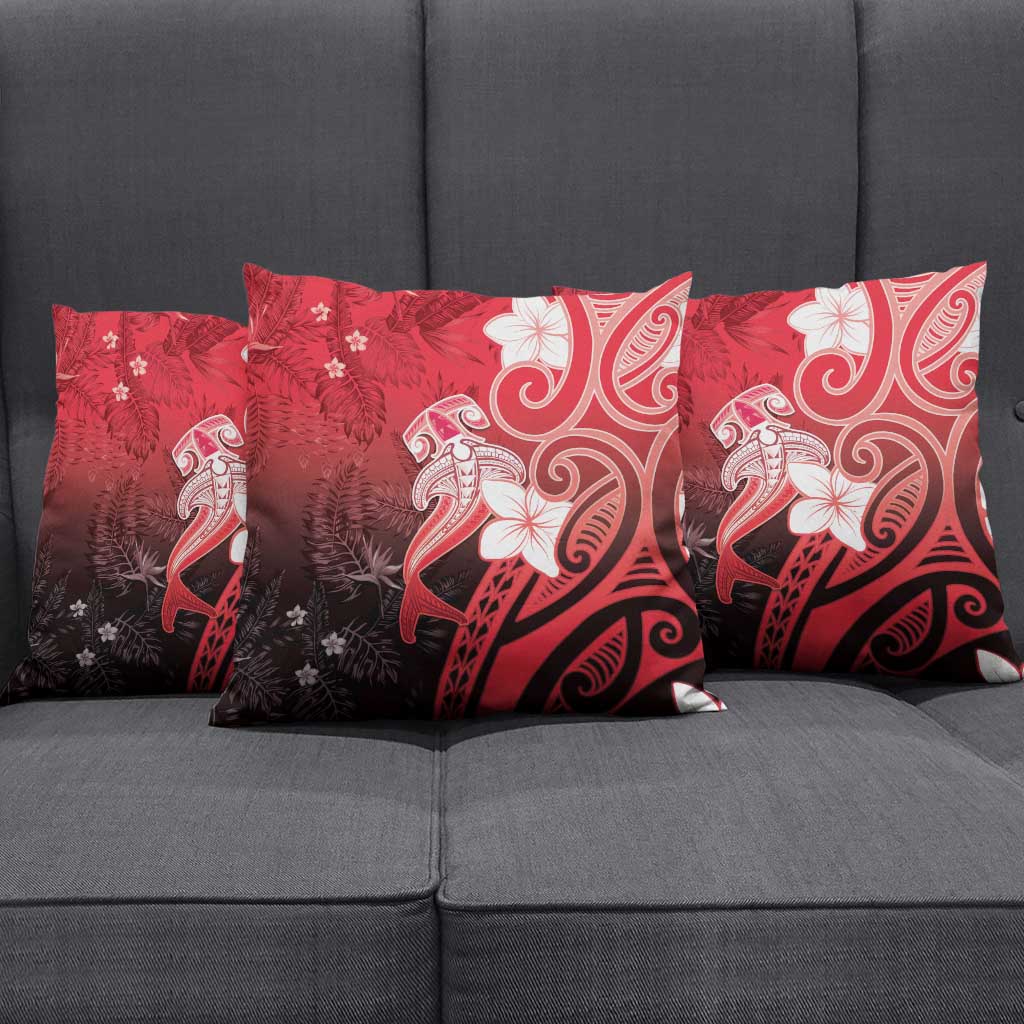 Polynesia Hammerhead Shark Pillow Cover Red Tribal Pattern With Plumeria - Polynesian Pride