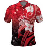 Polynesia Hammerhead Shark Polo Shirt Red Tribal Pattern With Plumeria - Polynesian Pride