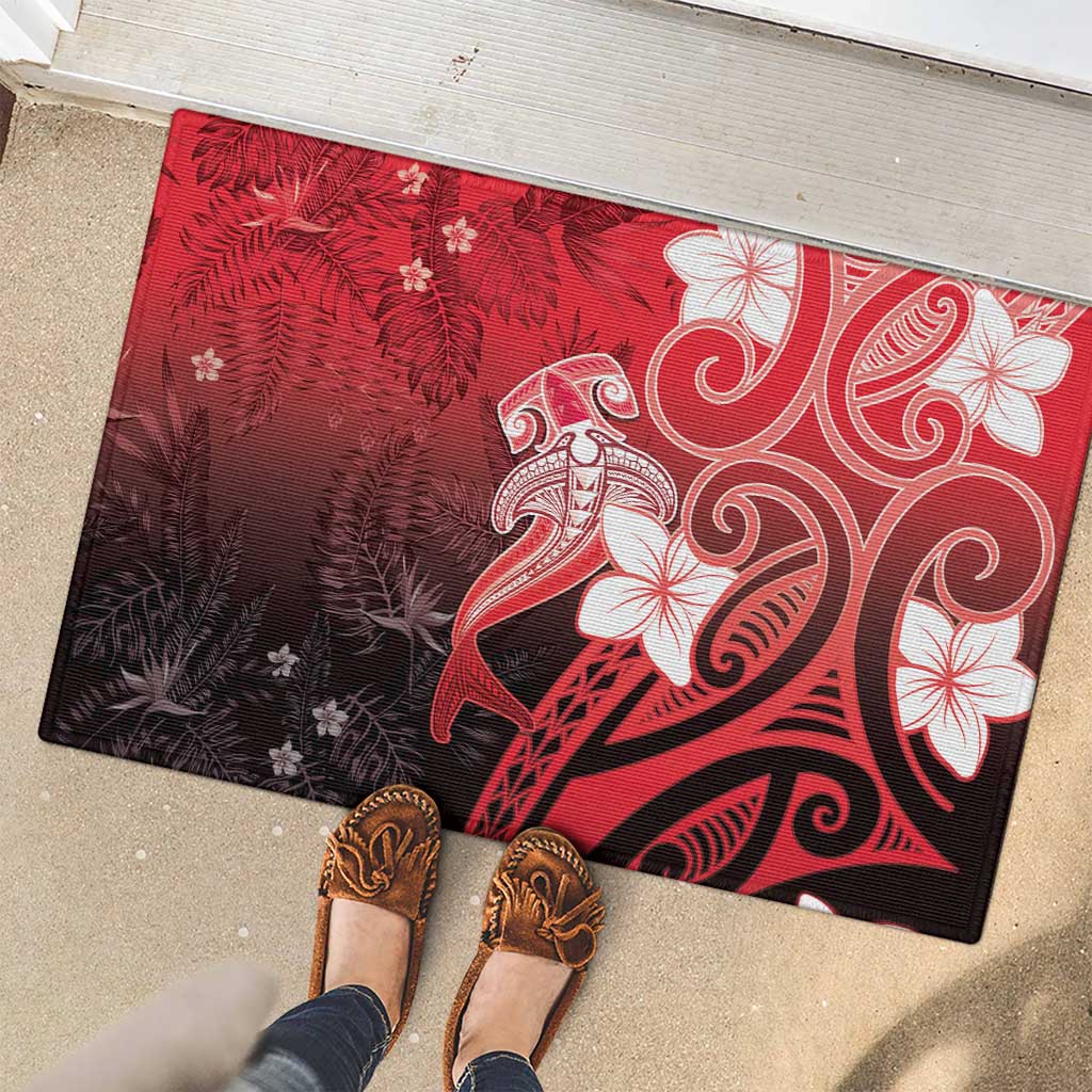 Polynesia Hammerhead Shark Rubber Doormat Red Tribal Pattern With Plumeria - Polynesian Pride