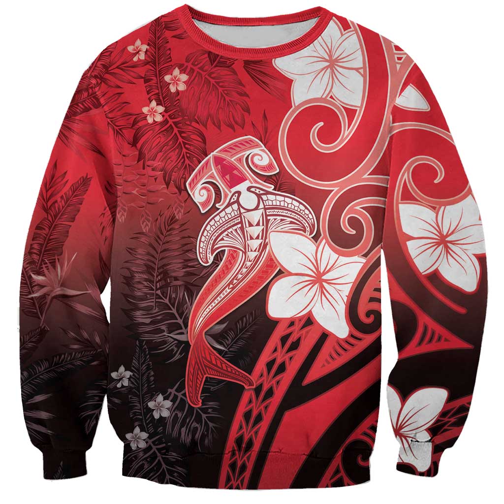 Polynesia Hammerhead Shark Sweatshirt Red Tribal Pattern With Plumeria - Polynesian Pride