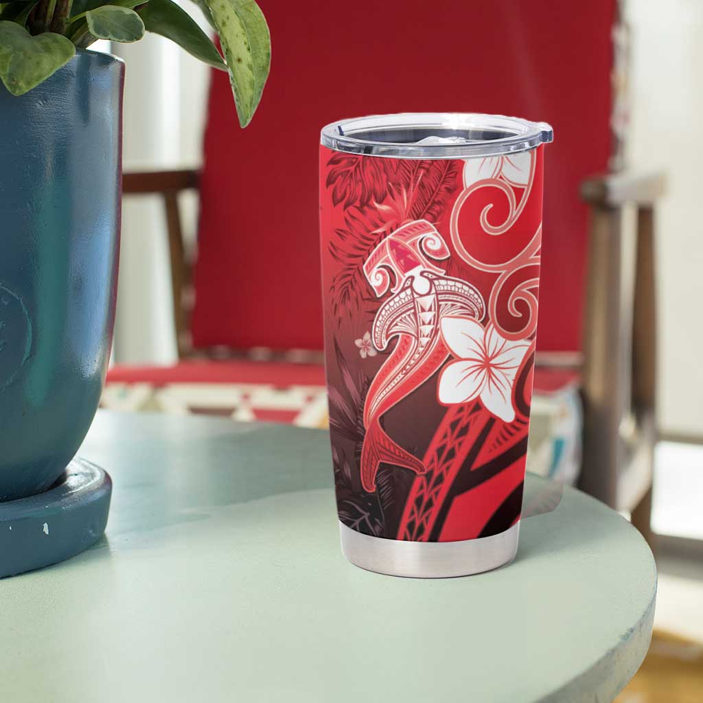 Polynesia Hammerhead Shark Tumbler Cup Red Tribal Pattern With Plumeria - Polynesian Pride