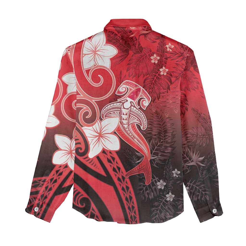 Polynesia Hammerhead Shark Women Casual Shirt Red Tribal Pattern With Plumeria - Polynesian Pride