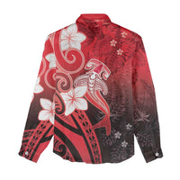 Polynesia Hammerhead Shark Women Casual Shirt Red Tribal Pattern With Plumeria - Polynesian Pride