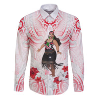 New Zealand Women's Day Family Matching Off Shoulder Maxi Dress and Hawaiian Shirt Maori Wahine Polynesian Pattern LT05 Dad's Shirt - Long Sleeve White - Polynesian Pride