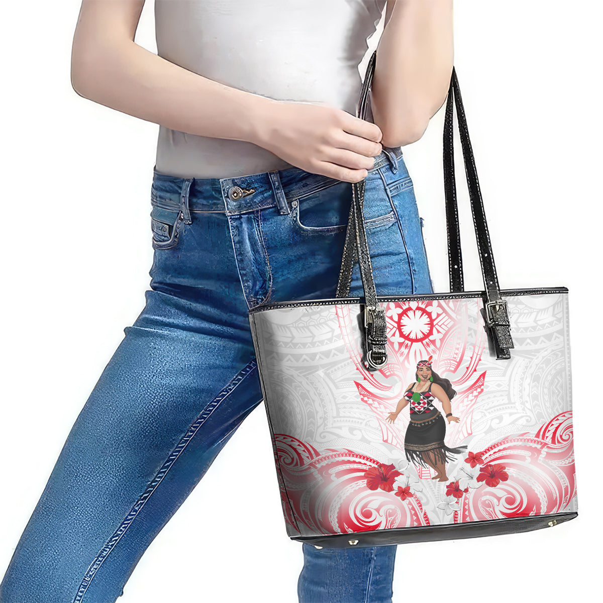 New Zealand Women's Day Leather Tote Bag Maori Wahine Polynesian Pattern