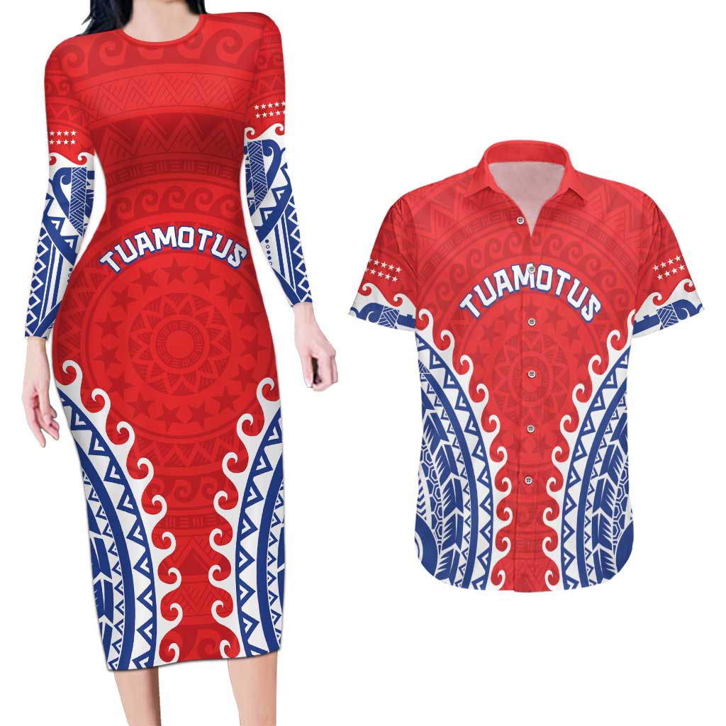 Custom Tuamotu Archipelago Couples Matching Long Sleeve Bodycon Dress and Hawaiian Shirt Polynesian Tribal Tattoo LT05 Red - Polynesian Pride