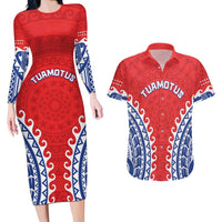 Custom Tuamotu Archipelago Couples Matching Long Sleeve Bodycon Dress and Hawaiian Shirt Polynesian Tribal Tattoo LT05 Red - Polynesian Pride
